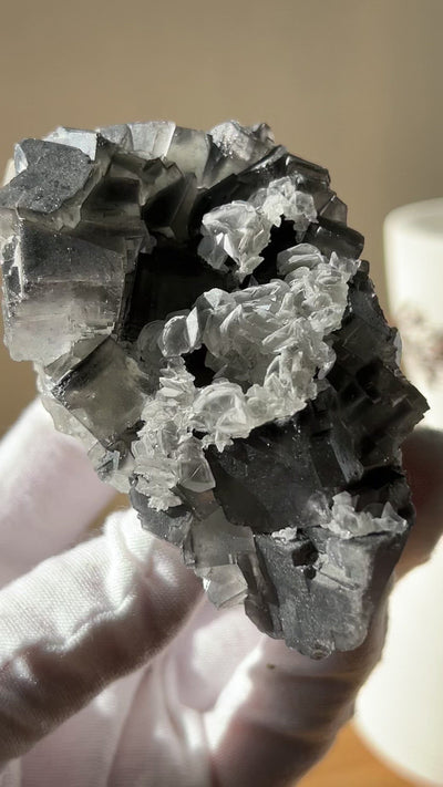 Olive-Grey Fluorite with Calcite Flowers (B)