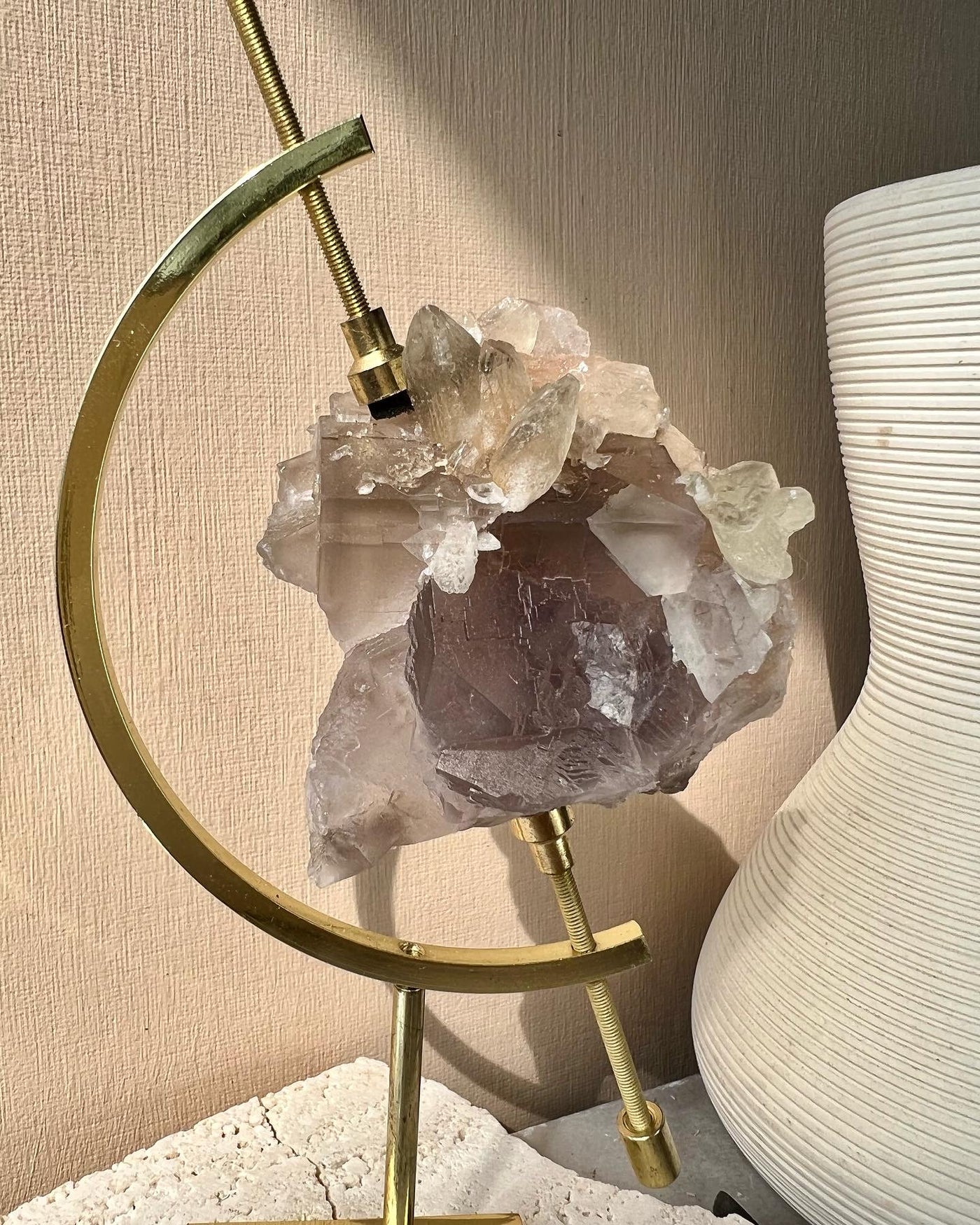Inner Mongolia Purple Fluorite w Calcite on Arc Stand