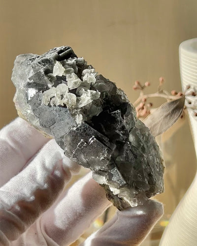 Olive Grey Fluorite with Calcite Flowers (A)