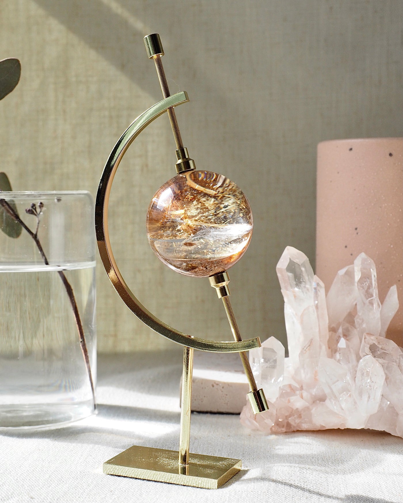 Rutile Lodolite Sphere On Gold Stand