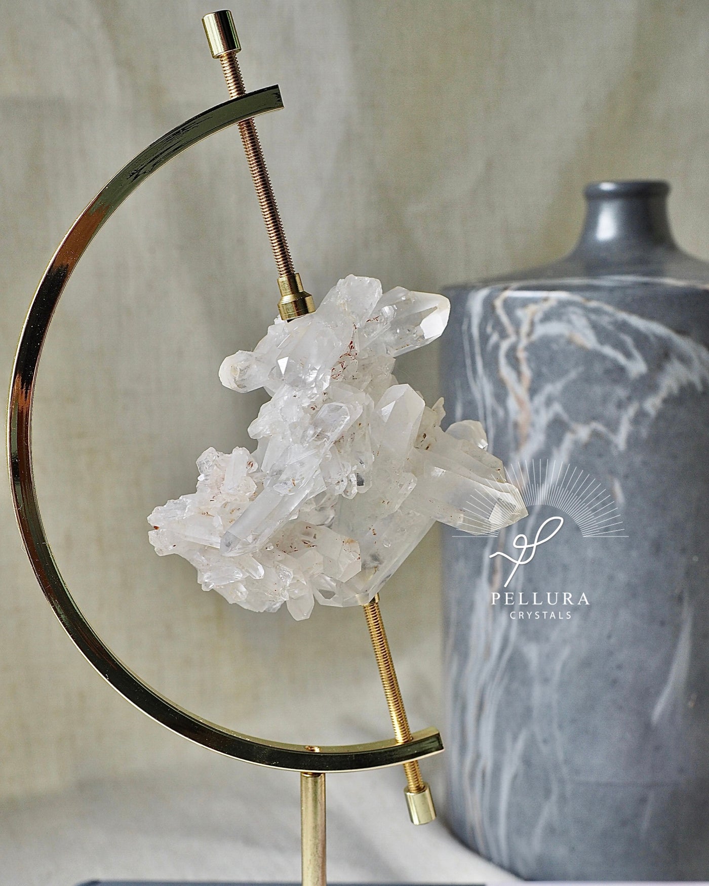 Clear Quartz Cluster with Green Chlorite on Stand