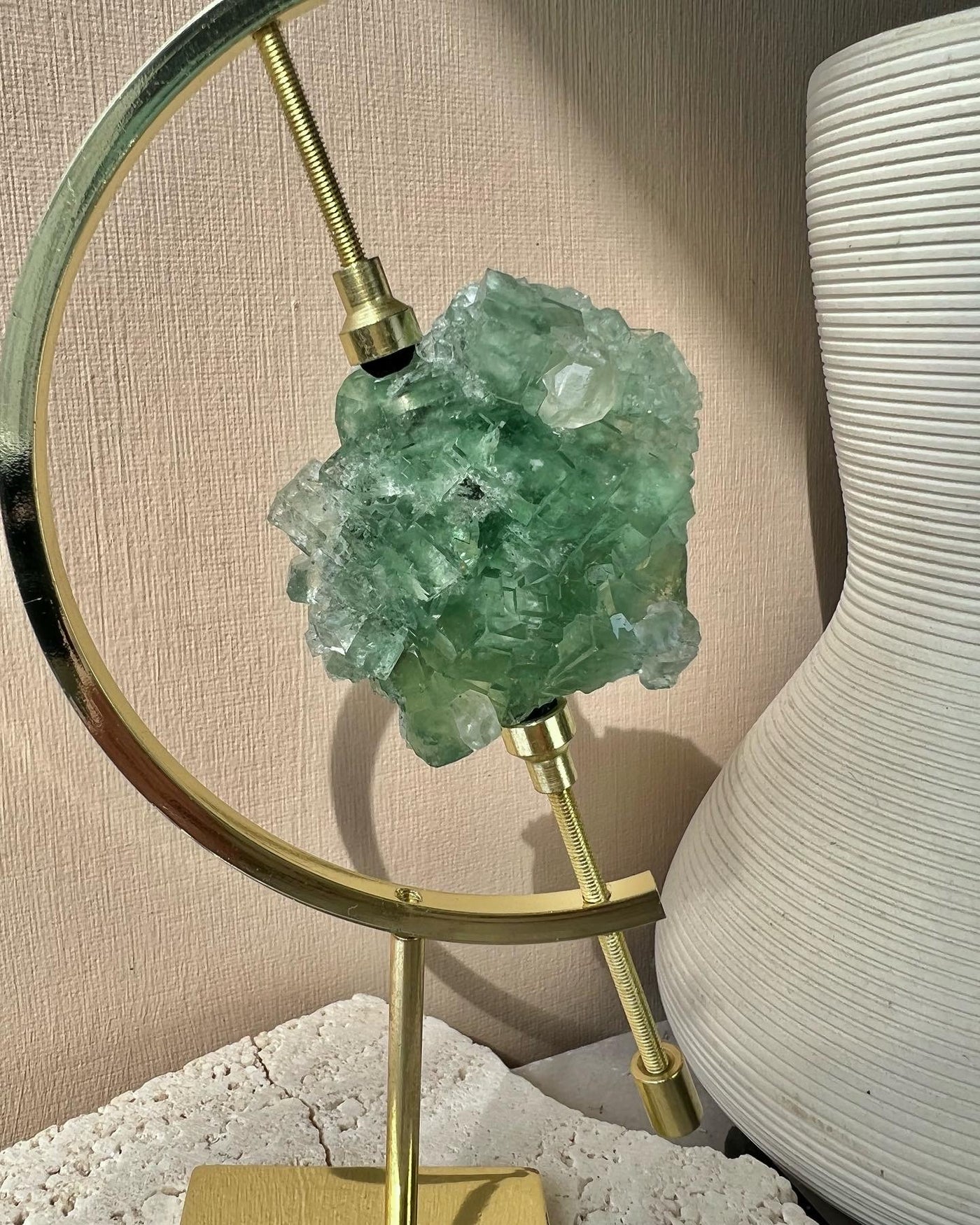 Xianghualing Green Fluorite on Arc Stand