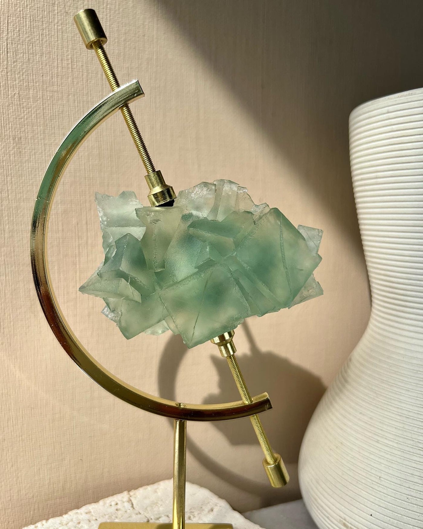 Xianghualing Green Fluorite on Arc Stand