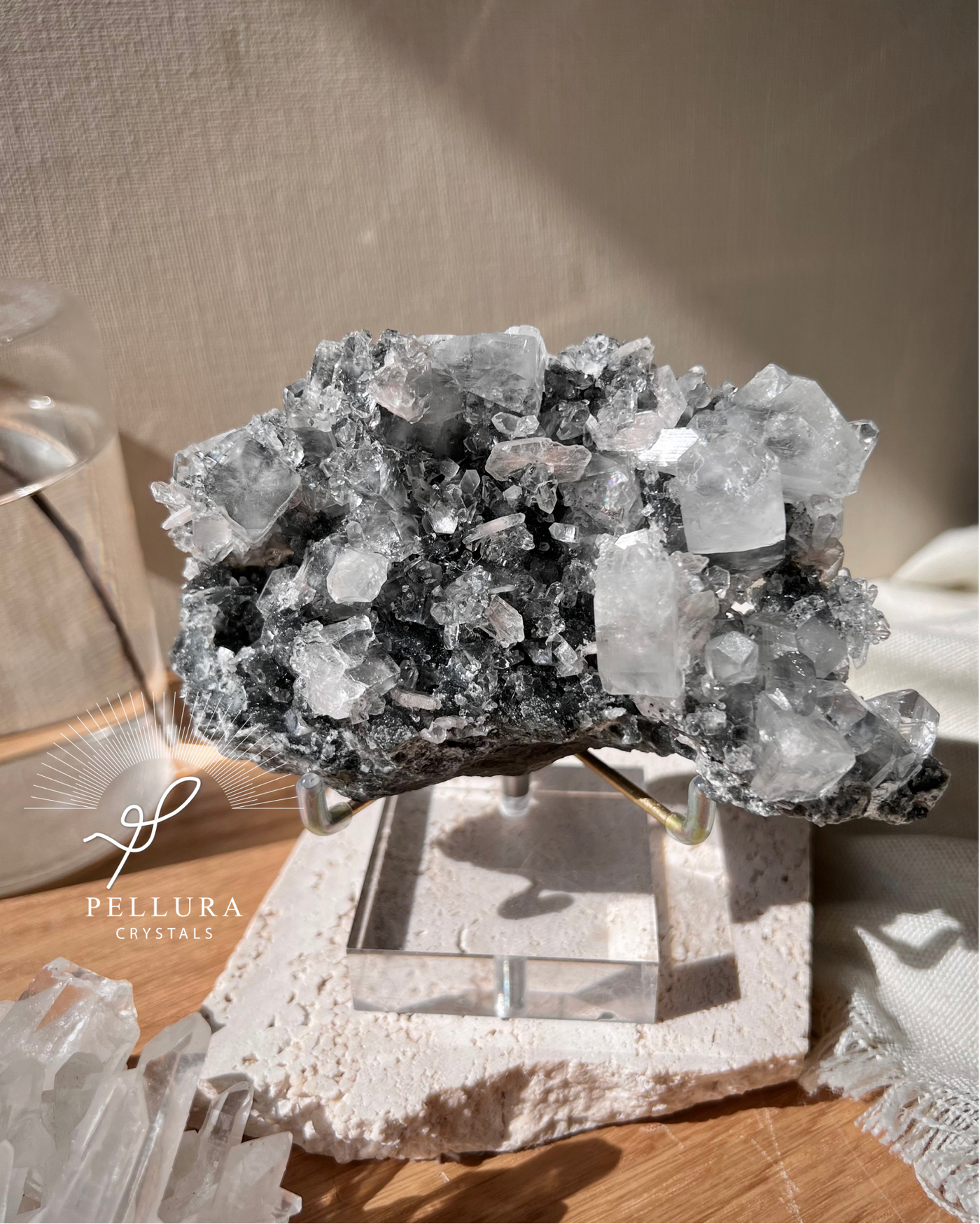 [Astra] Apophyllite w Pink Stilbite on Black Chalcedony