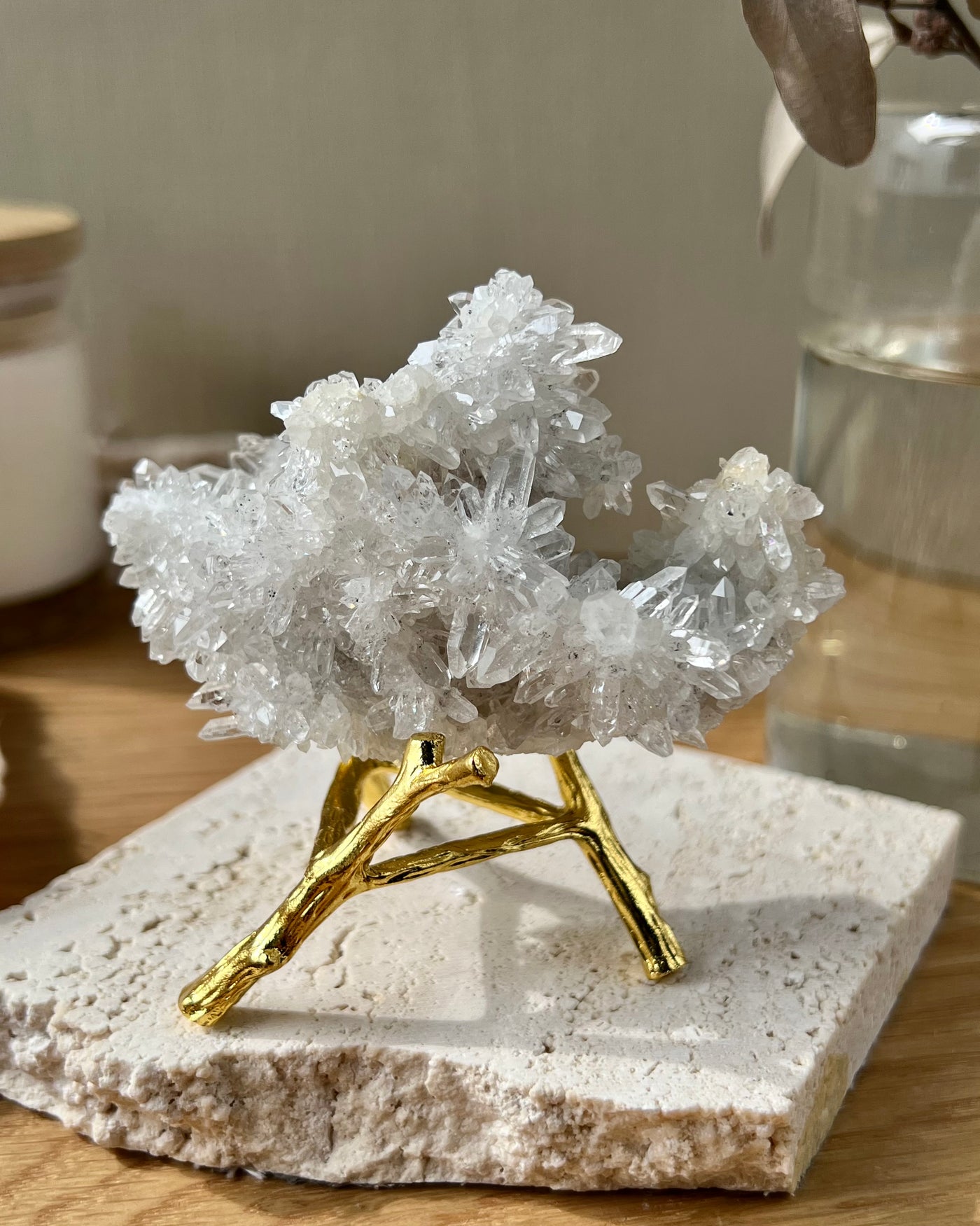 Chrysanthemum Clear Quartz Cluster on Stand