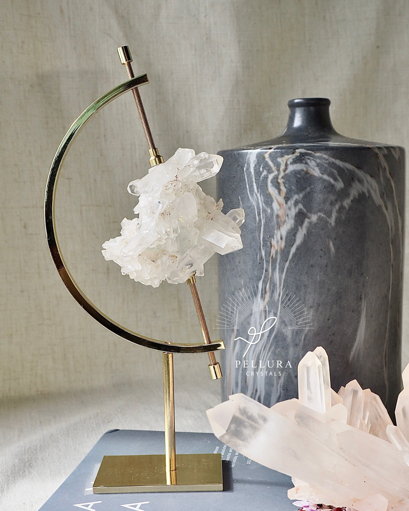Clear Quartz Cluster with Green Chlorite on Stand