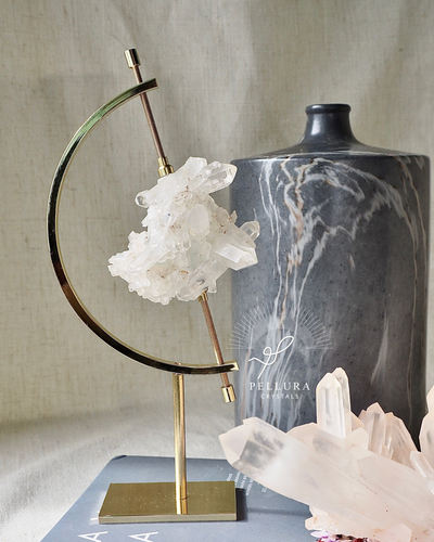 Clear Quartz Cluster with Green Chlorite on Stand